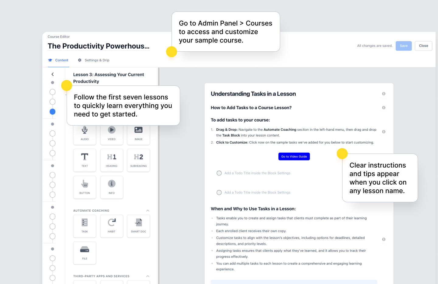 Explore sample courses designed to showcase possibilities. Each includes a dummy syllabus and the first 7 lessons featuring upcoach’s unique accountability and design tools.