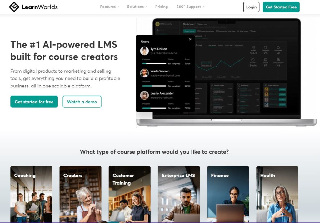 LearnWorlds for website builder and different tools for coaches 